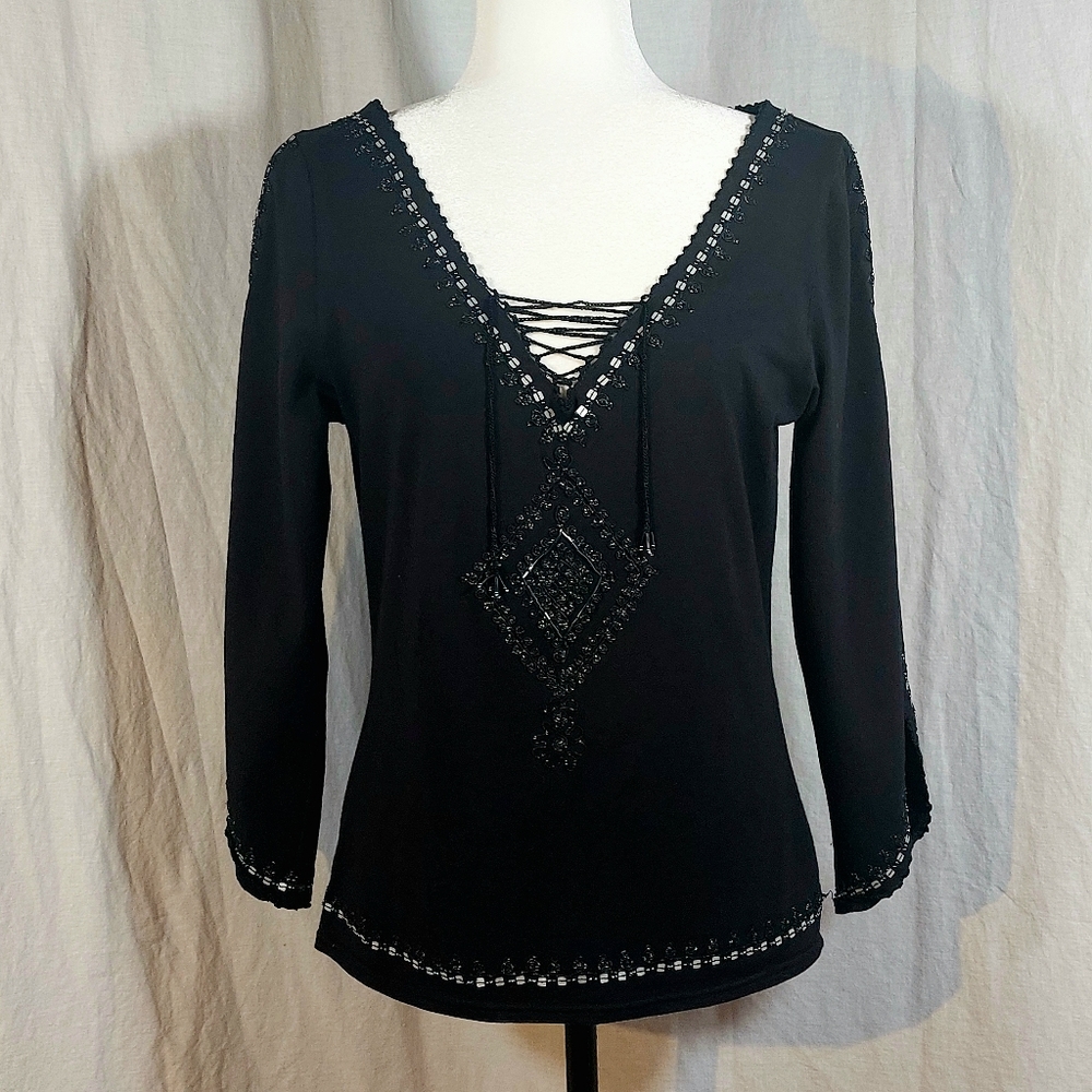 Simon Chang black cotton blend beaded split-sleeve laced top, L, EUC